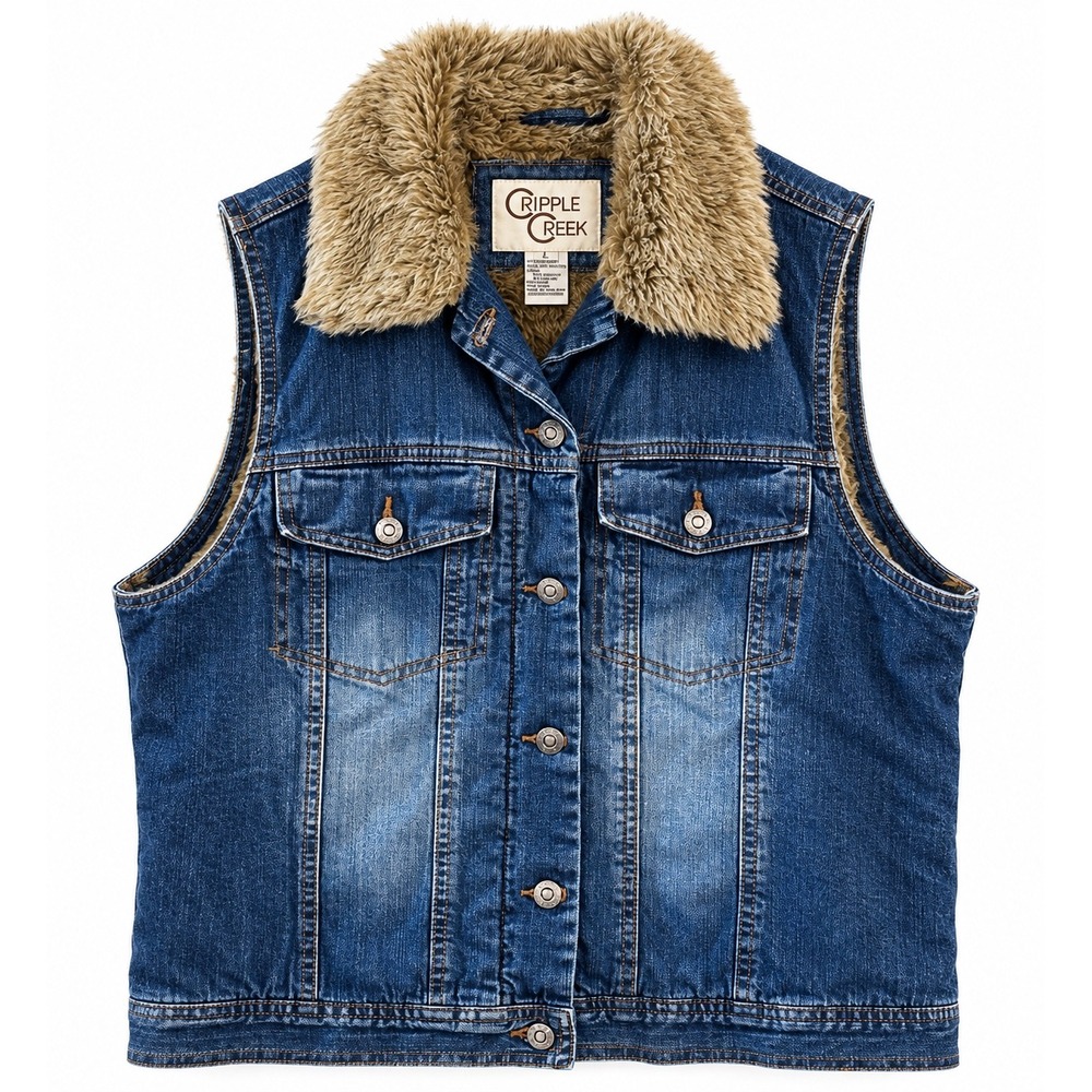 Cripple Creek Women's L Denim Vest Faux Fur Lined Collar Western Y2K Cowgirl